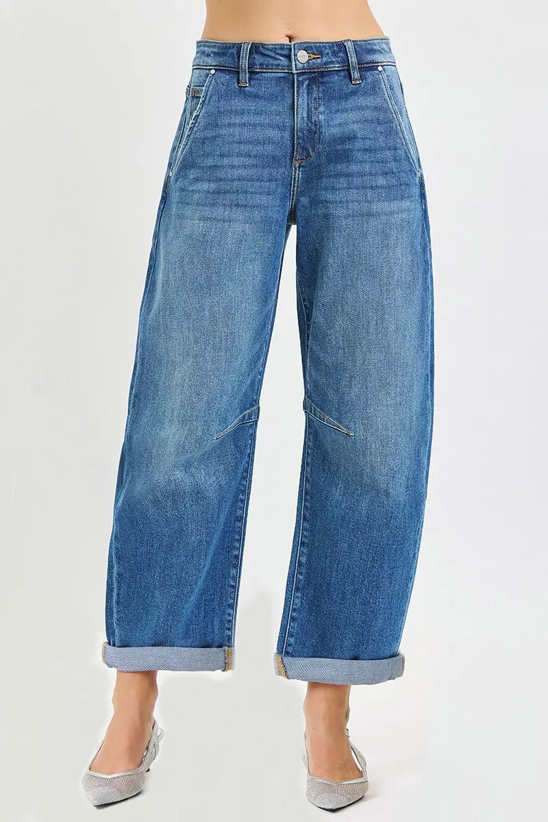 Medium Risen Slouchy Cropped Barrel Jeans With Cuffed Hem