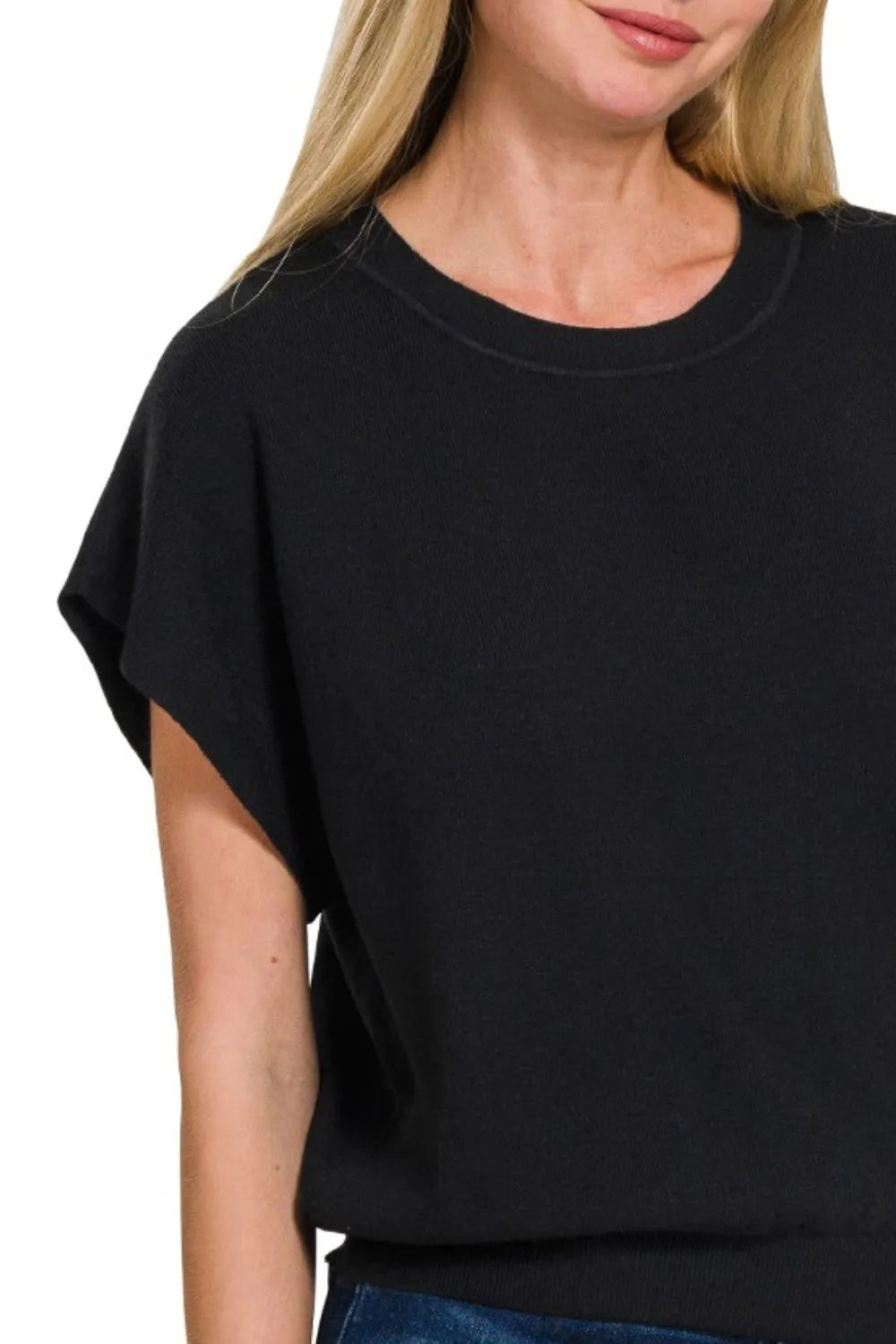 Black Zenana Round Neck Short Dolman Sleeve Sweater