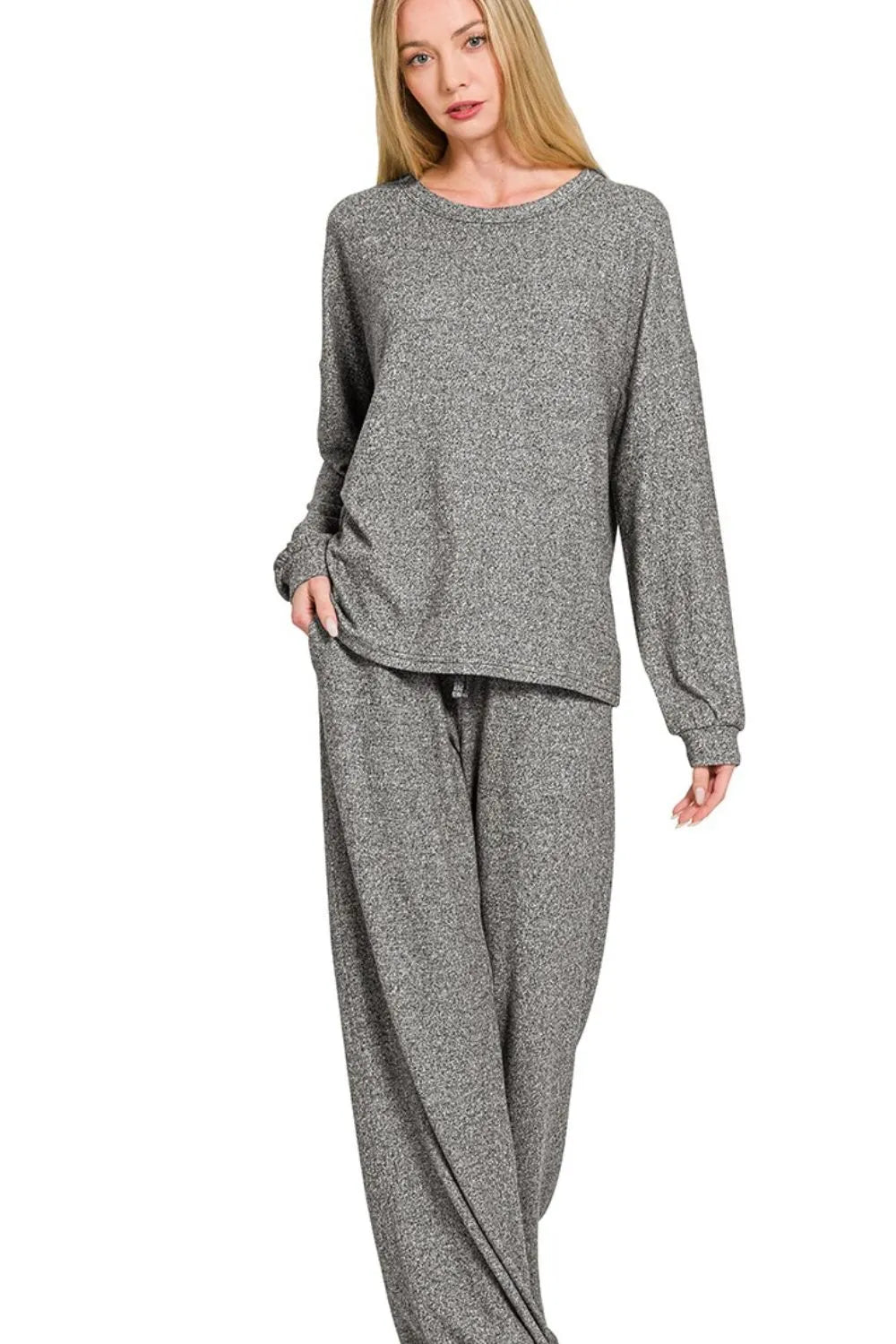 Gray Zenana Soft Melange Hacci Long Slv Tee Pants Set