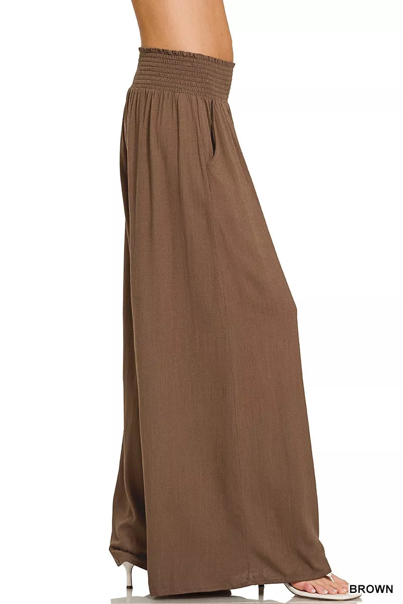 Brown Zenana Smocked Waistband Wide Leg Lounge Pants
