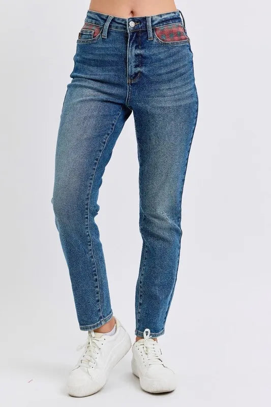 Md Judy Blue Full Size Hw Plaid Patch Slim Fit Jeans Plus Size