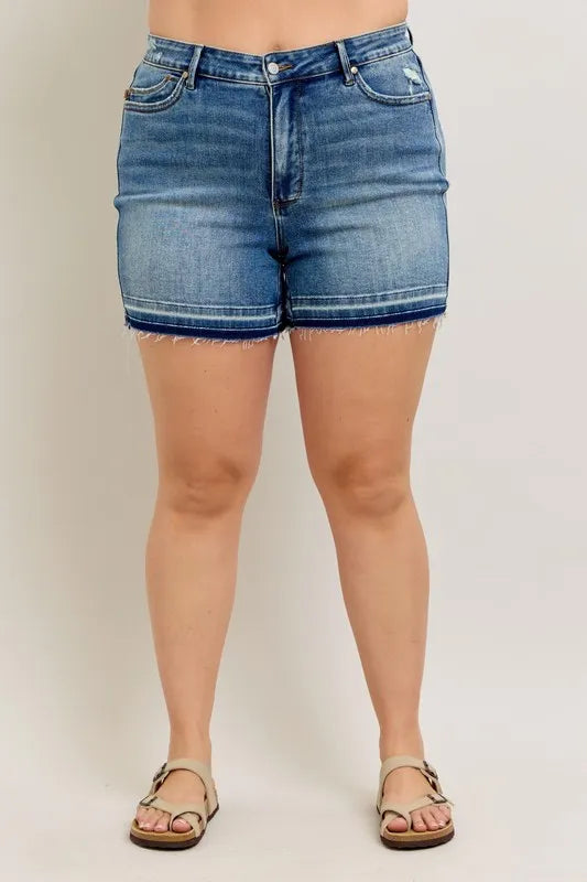 Md Judy Blue Plus Size Mr Tummy Control Vintage Wash Release Hem Shorts