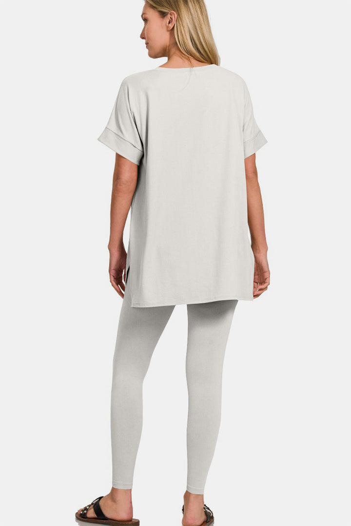Lt Cement Zenana V Neck Rolled Short Sleeve T Shirt And Leggings Lounge Set 1