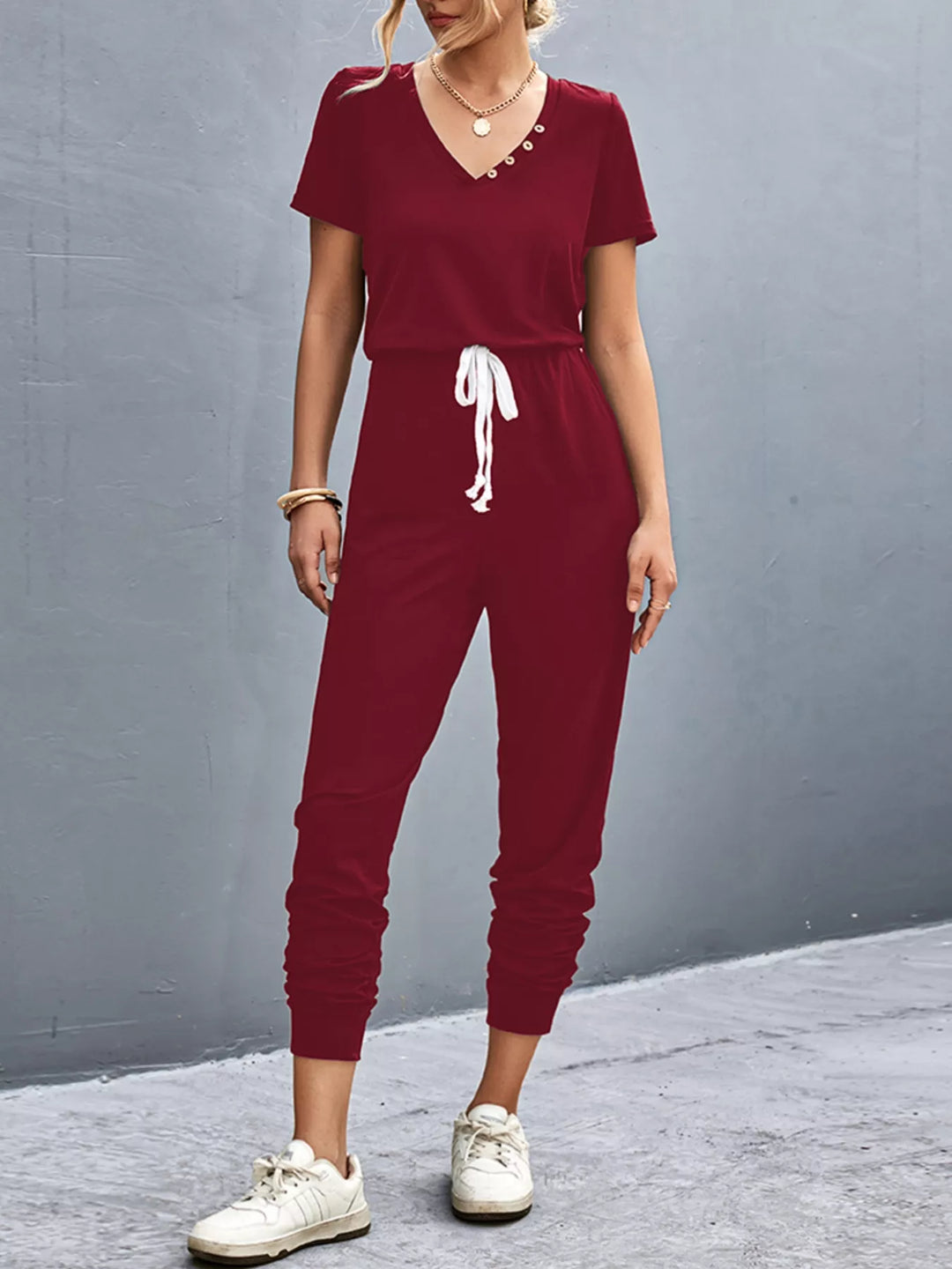 Burgundy Casual V Neck Short Sleeve Drawstring Waist Jumpsuit
