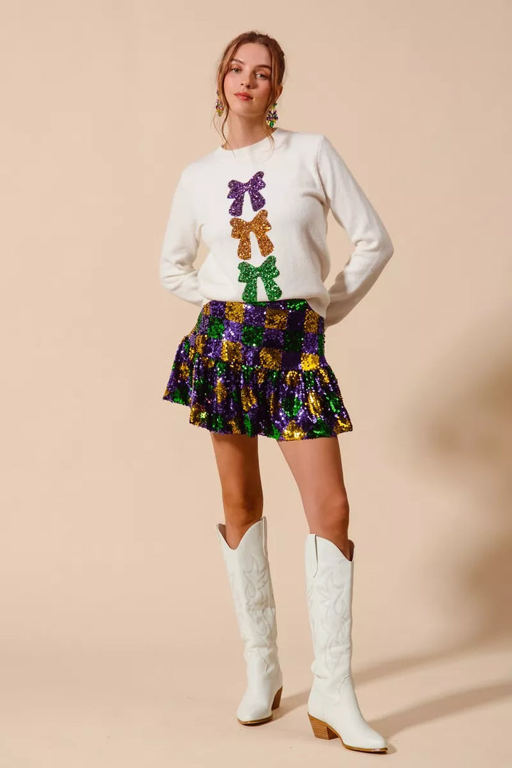 Purple/Gold/Green So Me Mardi Gras Checker Sequins Mini Skirt