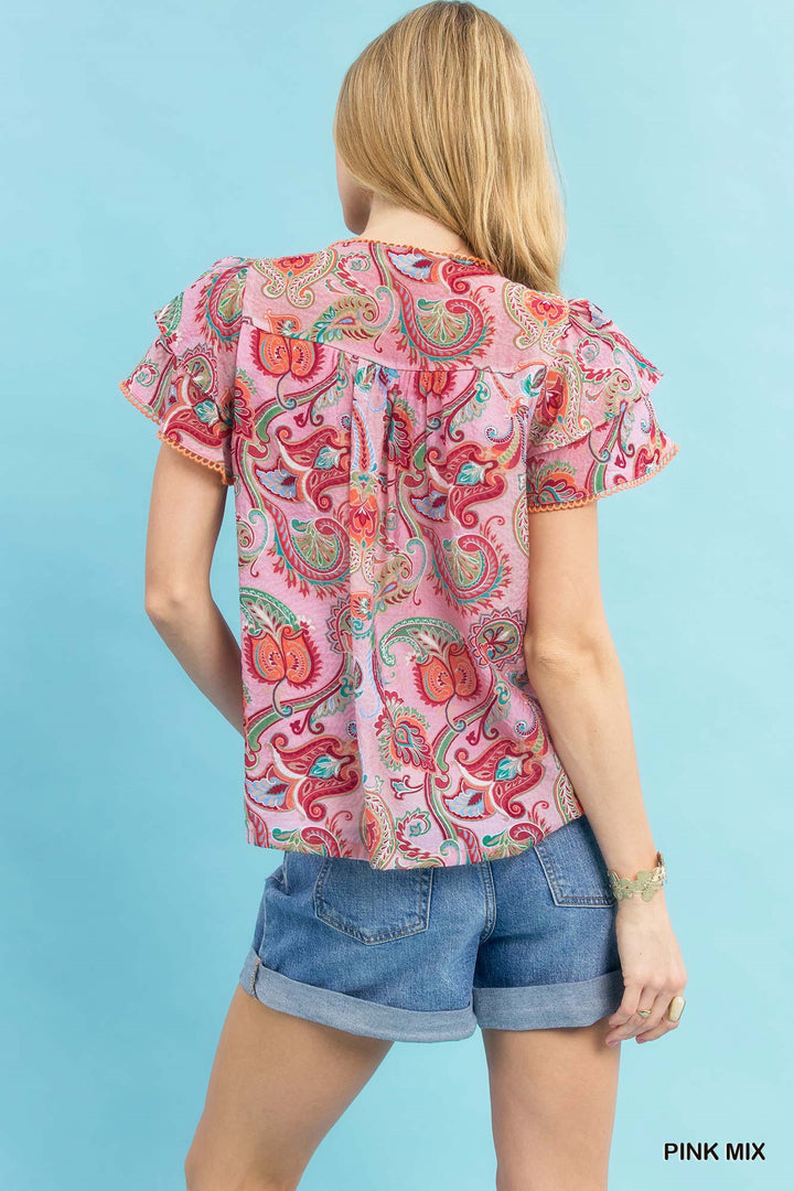 Pink Mix Umgee Mix Paisley Ruffle Sleeve Top 1