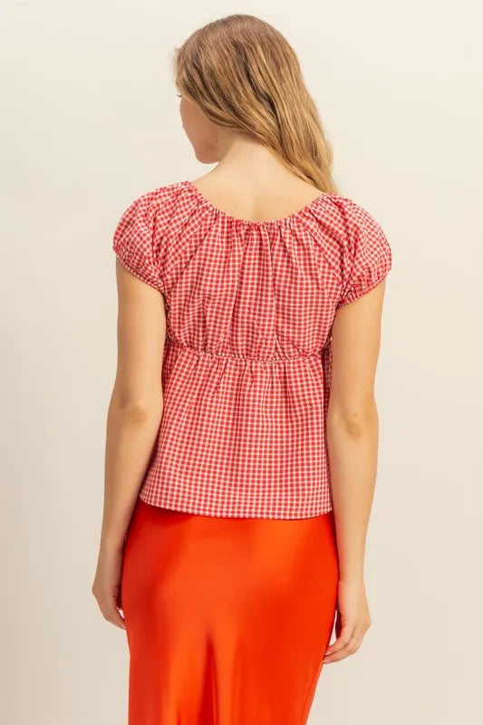 Red Hyfve Gingham Scoop Neck Cap Sleeve Blouse