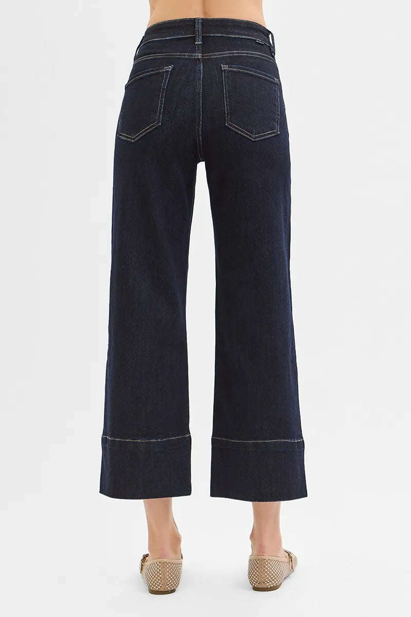 Solid Dark Risen Tummy Control High Rise Crop Wide Seam Detailed Jeans
