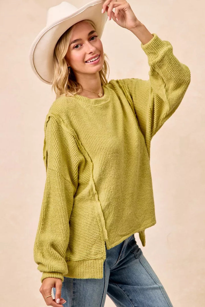 Bibi Boucle Rib Knit Uneven Hem Sweater With Open Seam