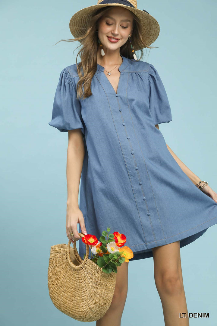 Umgee Chambray Puff Sleeve Dress