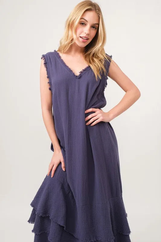 Navy And The Why Washed Cotton Gauze Fringe Detail Tiered Dress