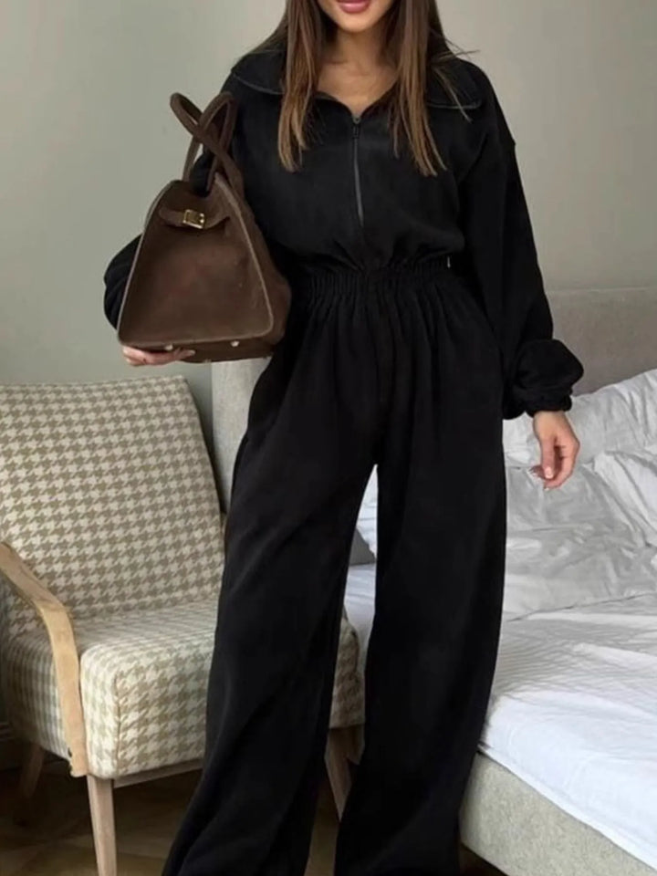 Black Zip Front Long Sleeve Jumpsuit