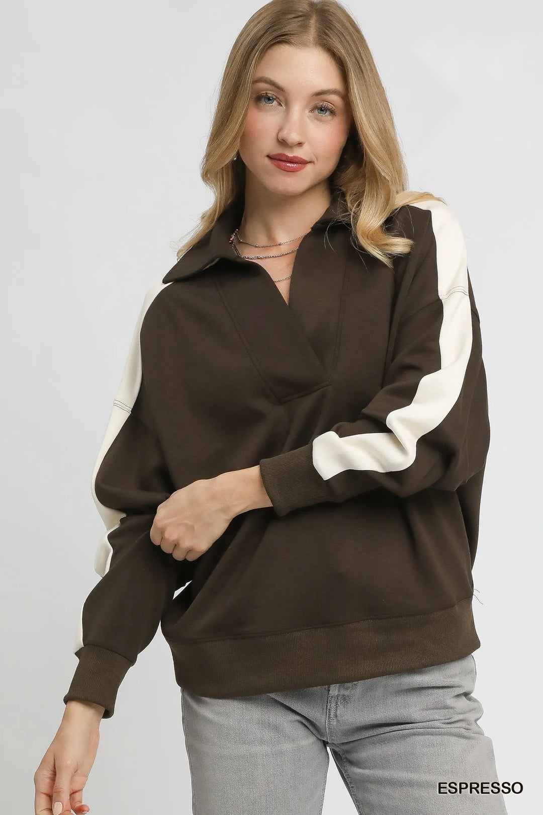 Espresso Umgee Color Block Polo Sweatshirt