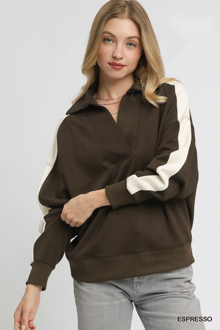 Espresso Umgee Color Block Polo Sweatshirt