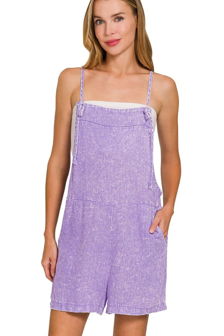 Lavender Zenana Washed Linen Knot Strap Rompers 2