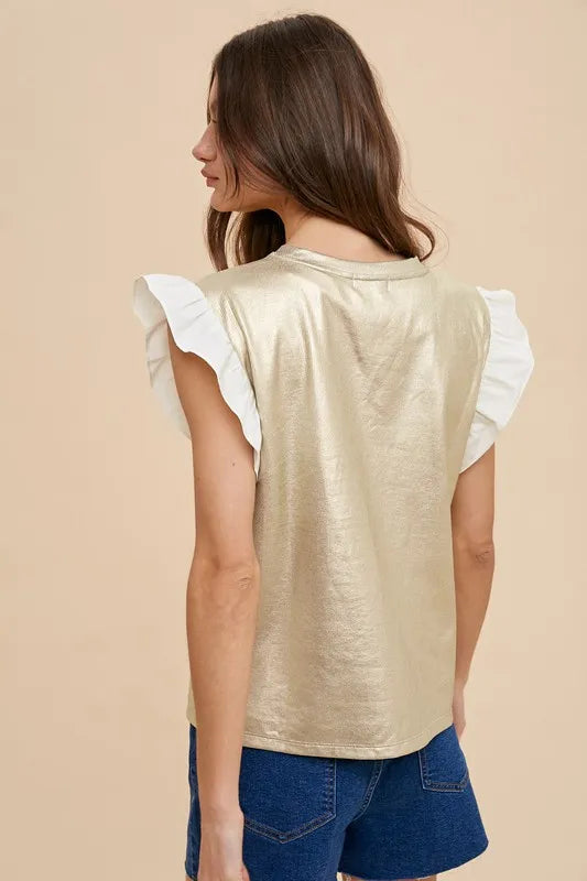 Ice Gold Annie Wear Mix Media Metallic Knit Ruffle Sleeve Top