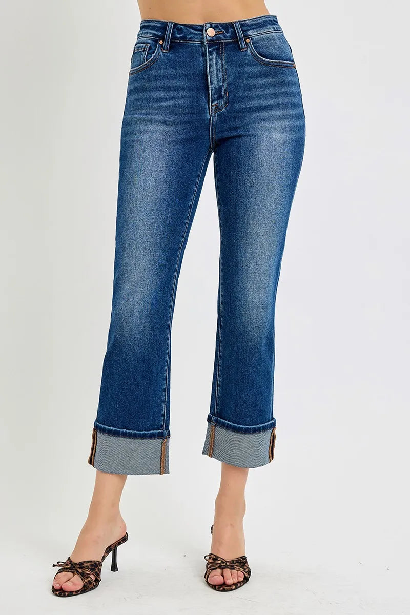 Dark Risen Full Size High Rise Ankle Straight Cuffed Jeans Plus Size