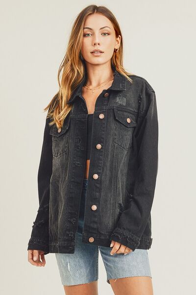 Black Risen Full Size Distressed Long Sleeve Denim Jacket