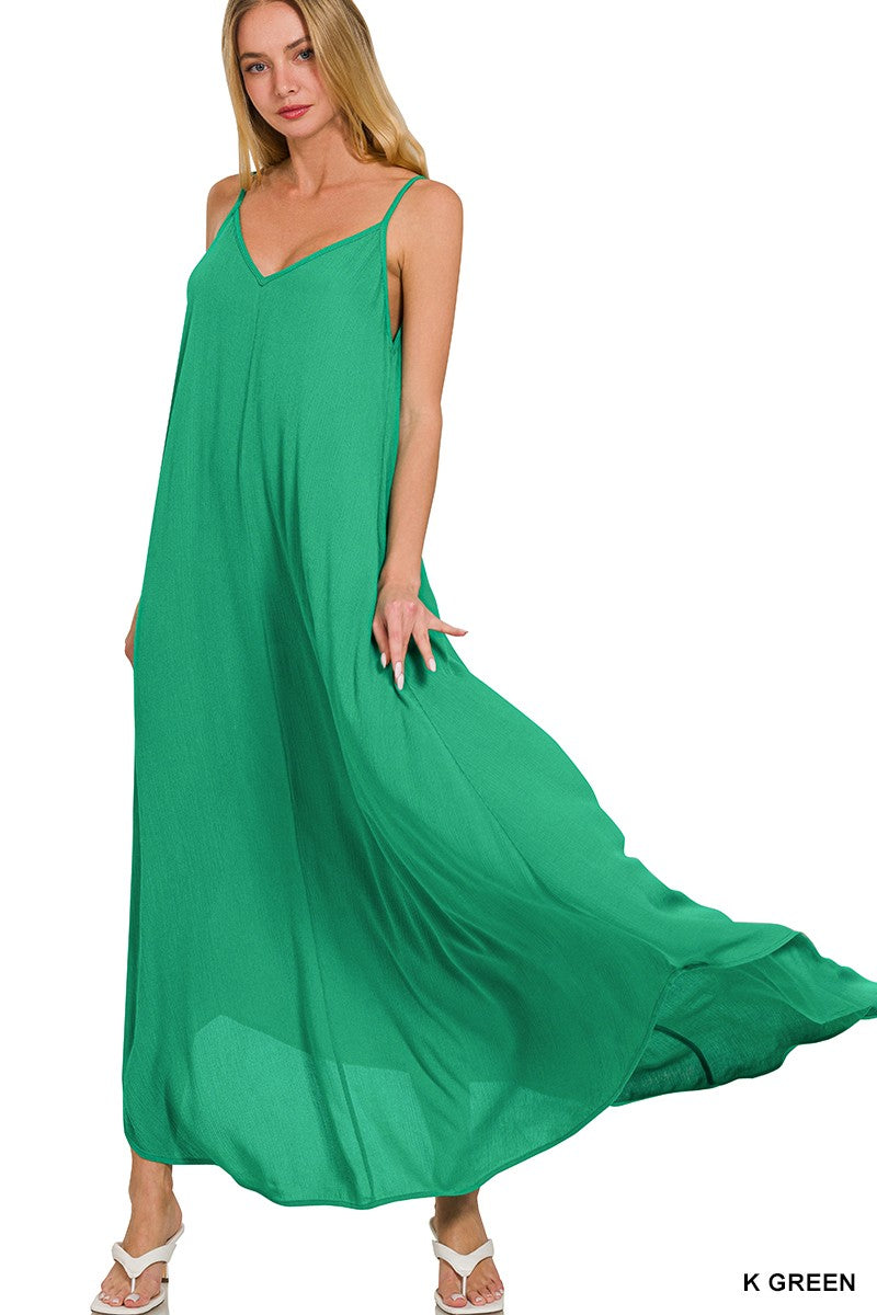 K Green Zenana Woven Crinkle Cami Maxi Dress With Side Pockets 1