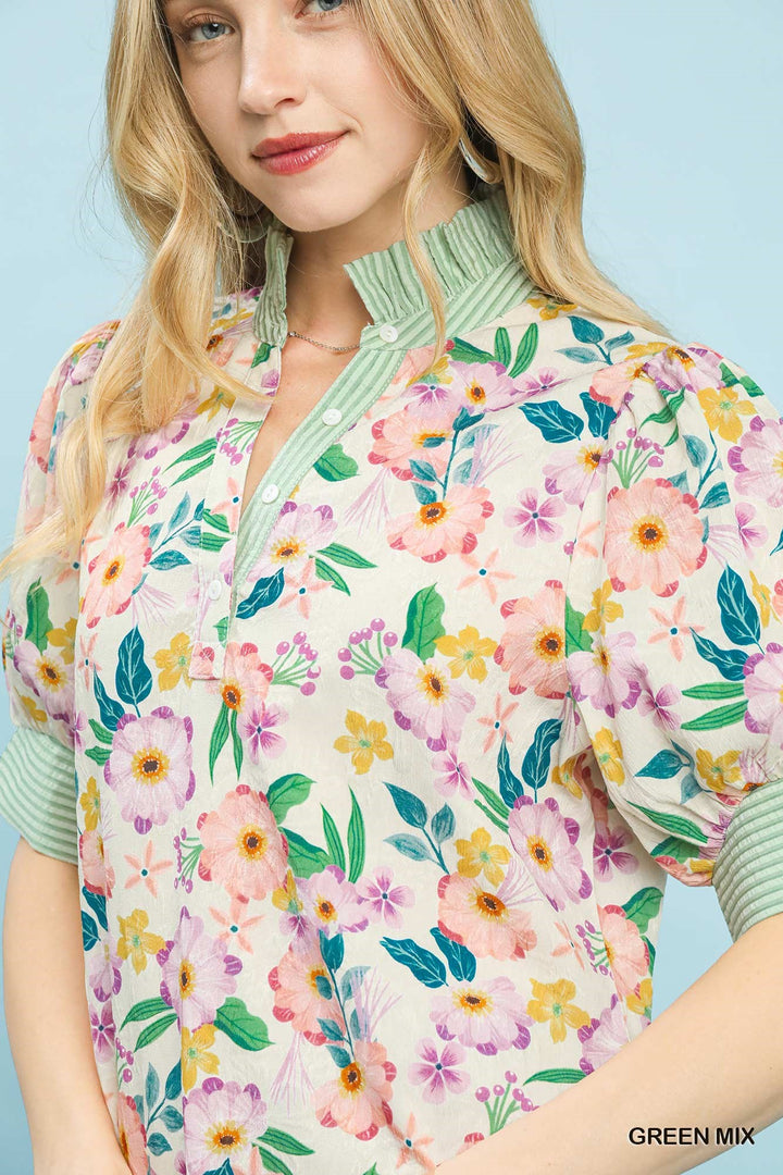 Umgee Floral Print Jacquard Ruffle Top