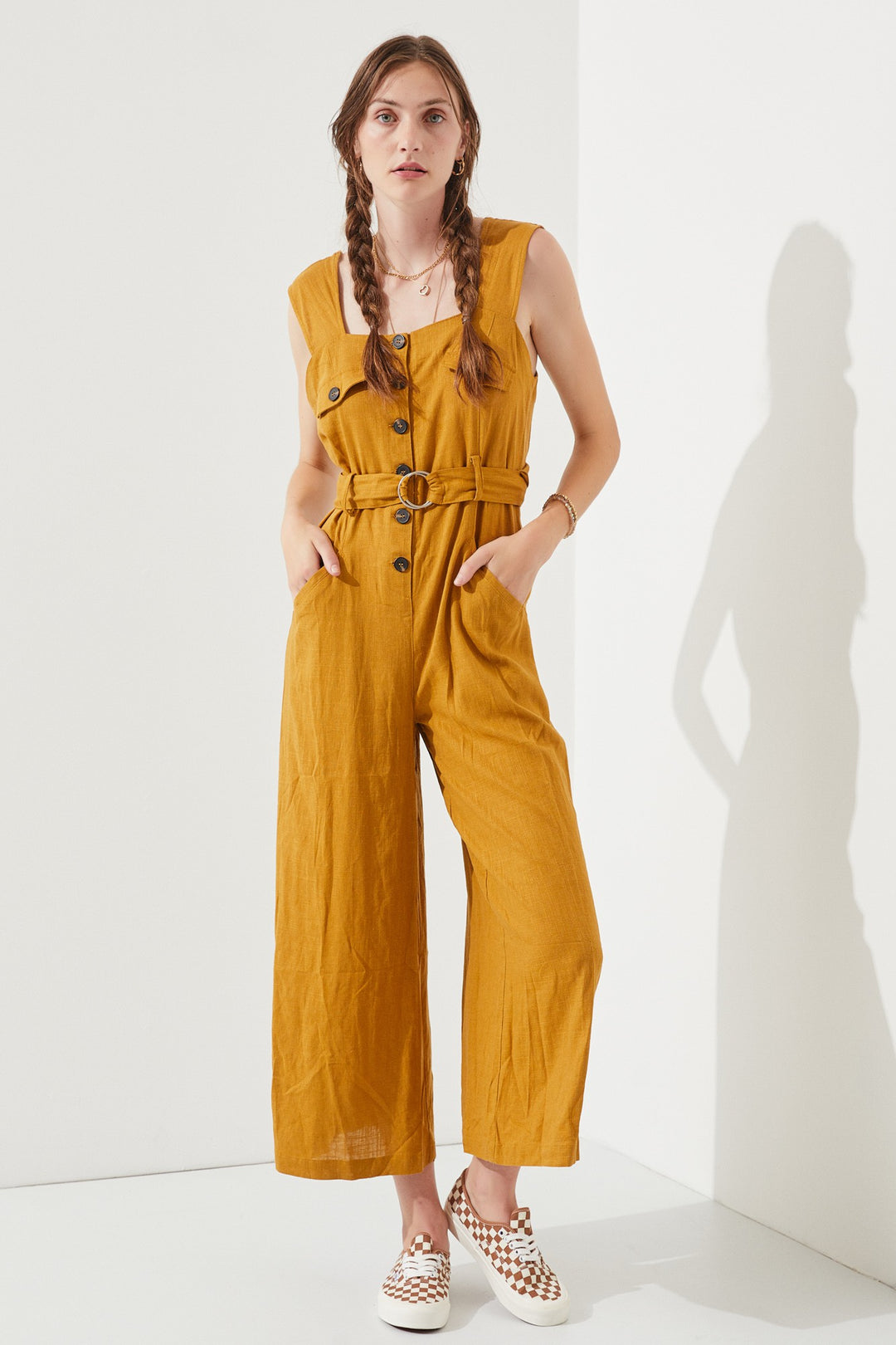 Black Sleeveless Square Neck Button Down Ankle Jumpsuit