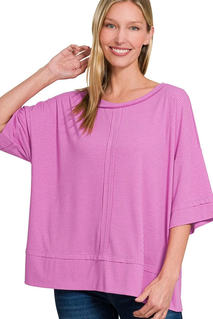 Mauve Zenana Ribbed Boat Neck 3 4 Sleeve Top