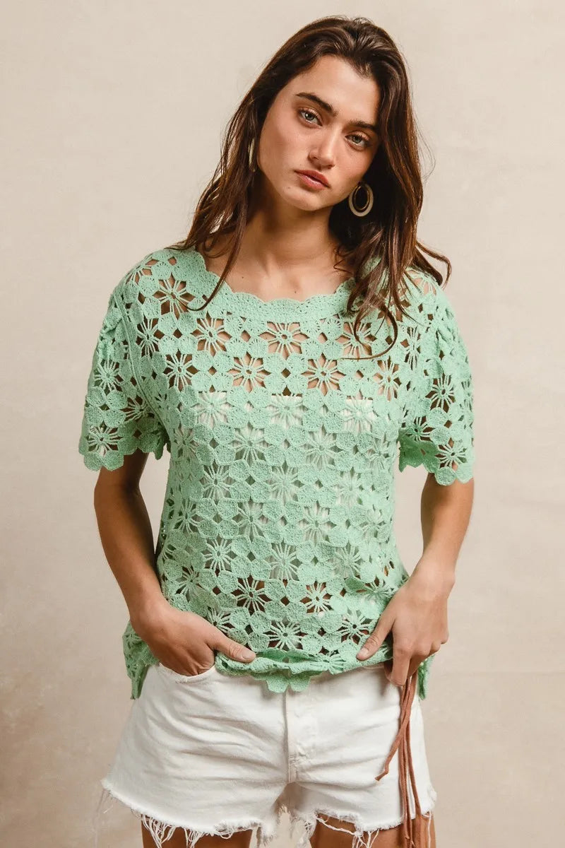 Bibi Openwork Crochet Short Sleeve Knit Top