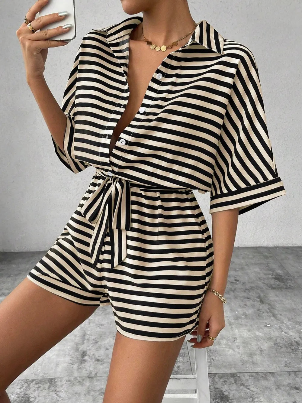 Tan Tie Waist Half Button Striped Romper