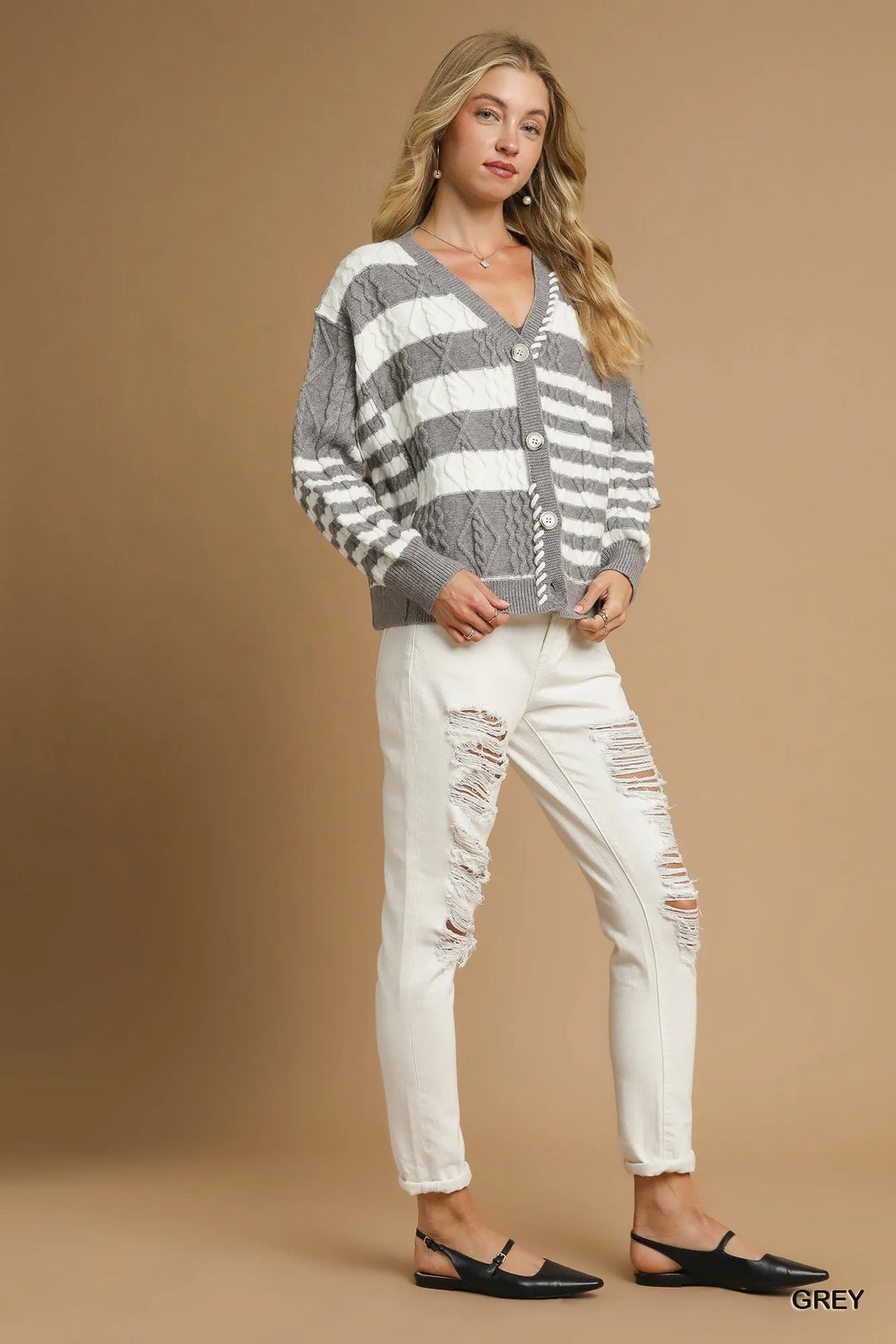 Umgee Cable Knit Stripe Button Up Cardigan