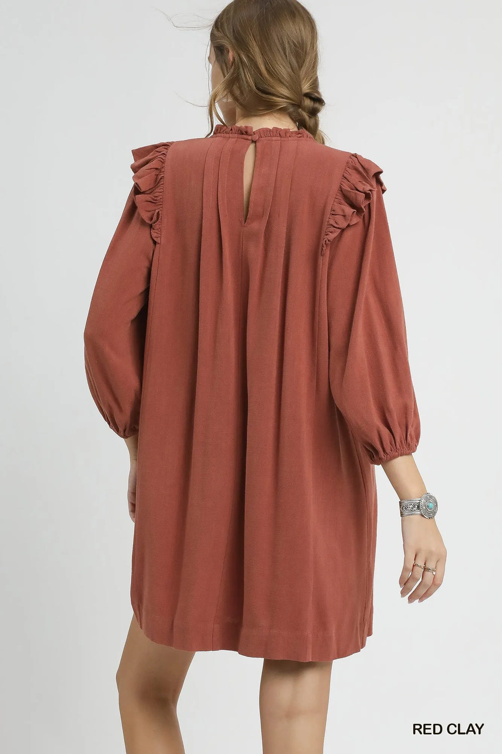 Red Clay Umgee Linen Ruffle Shoulder Pleated Babydoll Dress 1