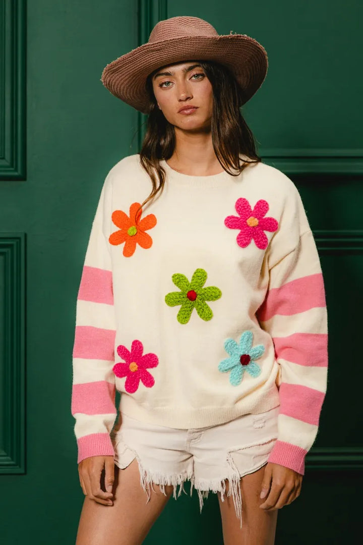 Oatmeal Bibi Colorful Floral Patched Sweater With Striped Sleeve