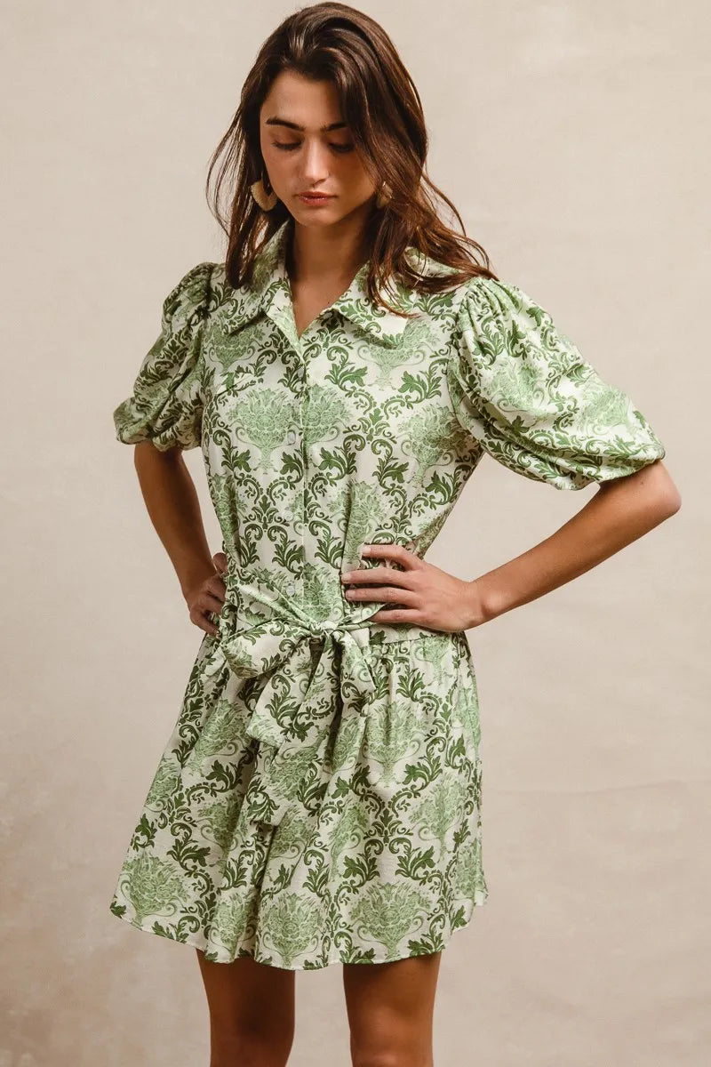 Green/Cream Bibi Tied Floral Short Sleeve Mini Shirt Dress