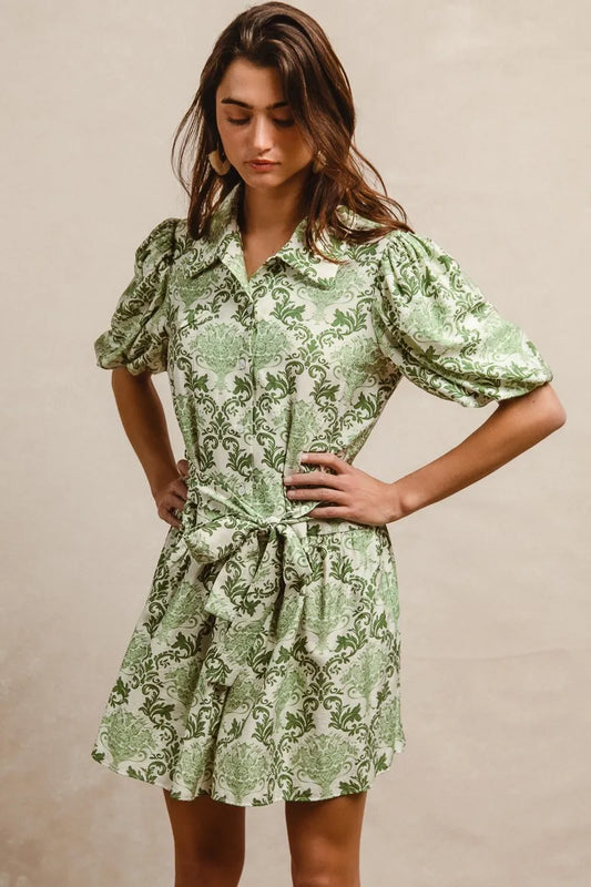 Green/Cream Bibi Tied Floral Short Sleeve Mini Shirt Dress