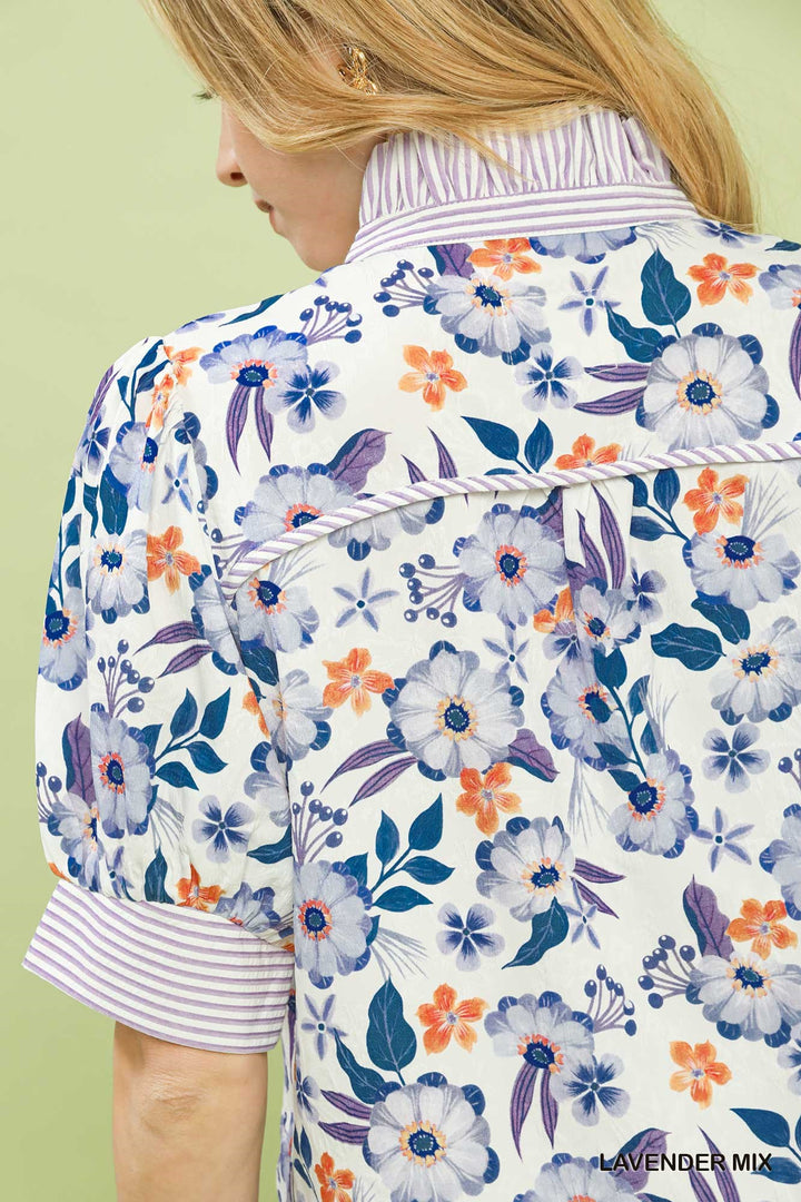 Umgee Floral Print Jacquard Ruffle Top 1