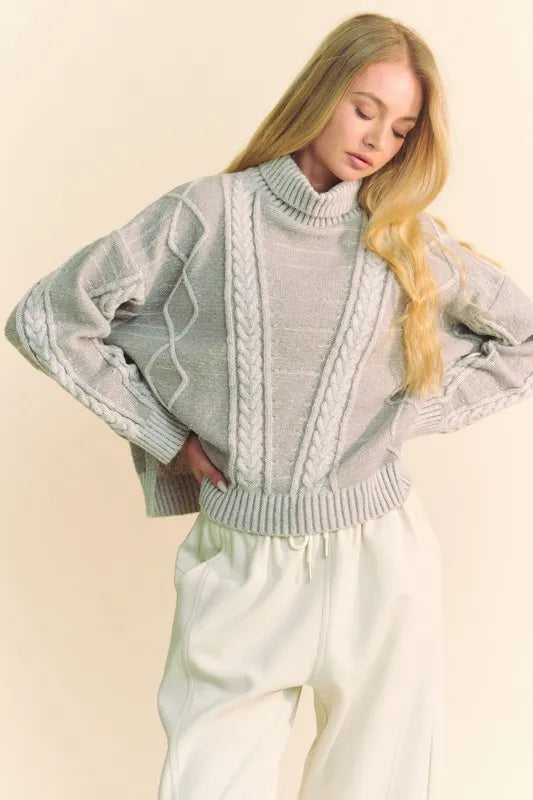 Davi Dani Cable Knit Turtleneck Dropped Shoulder Sweater