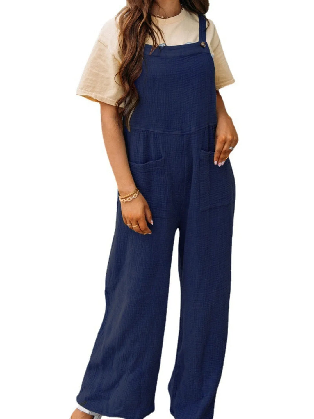 Apricot Full Size Casual Wide Leg Textured Overalls Plus Size