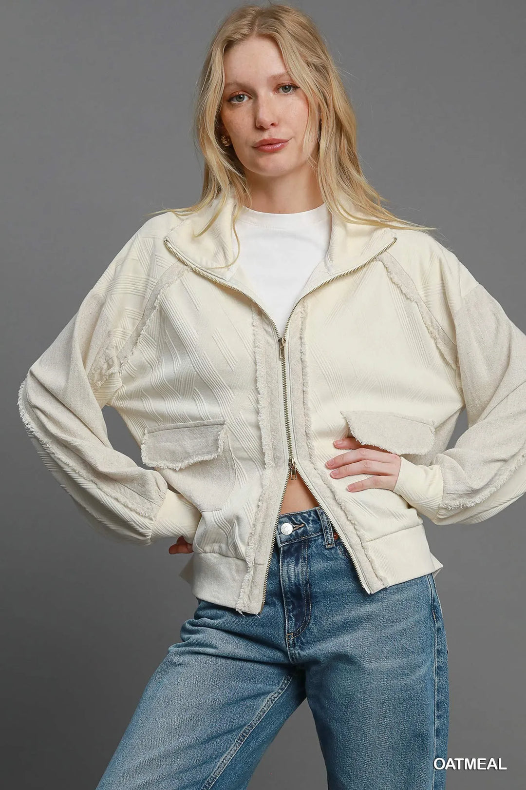 Oatmeal Umgee Two Way Jacquard Zip Up Jacket