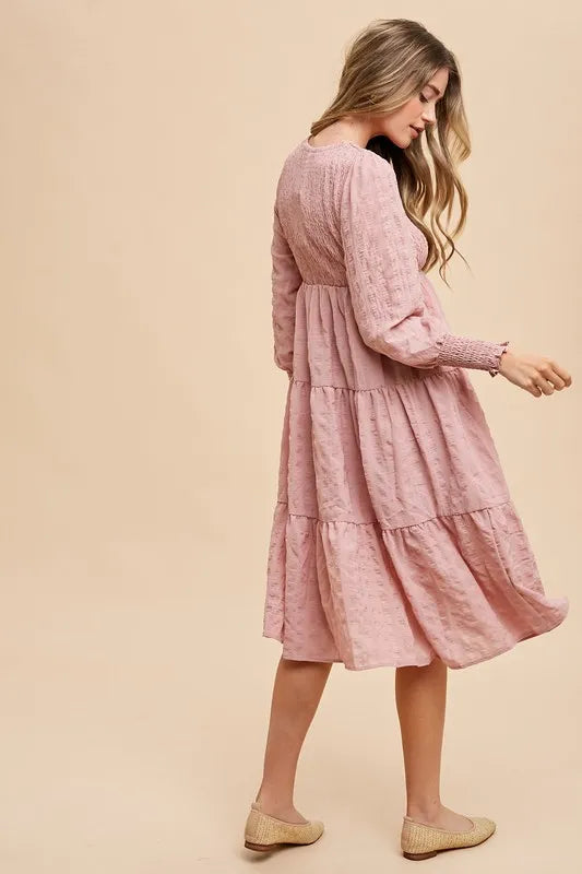 Annie Wear Textured Smocking Bodice Tiered Midi Dress 1