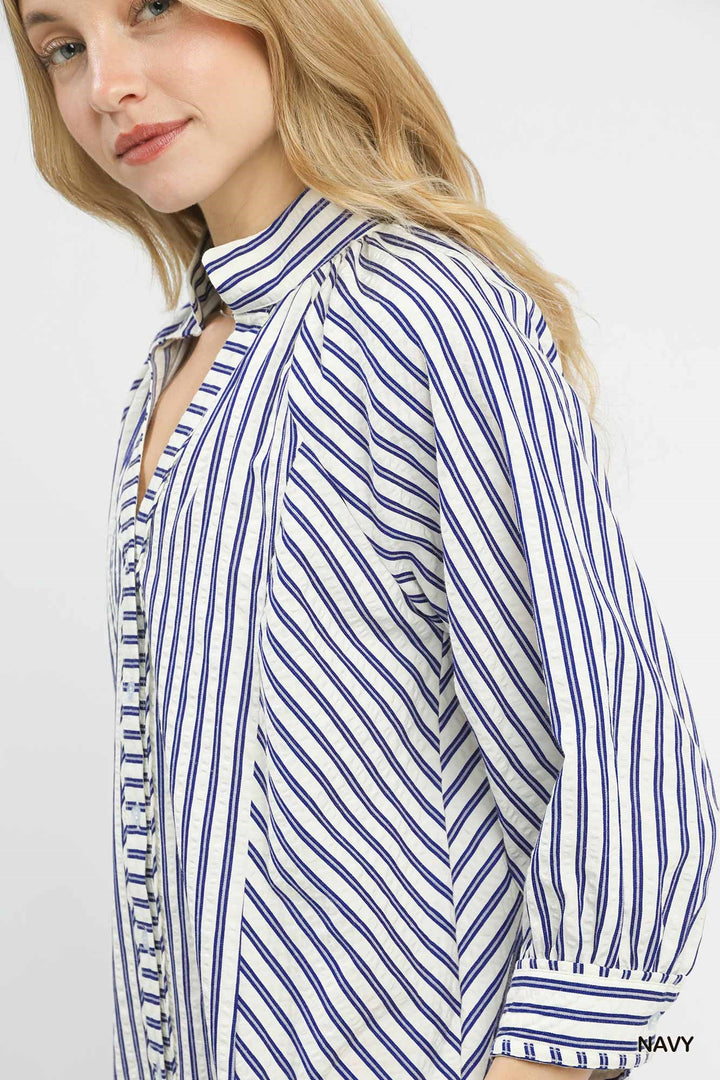 Umgee Striped V Neck Button Down Top