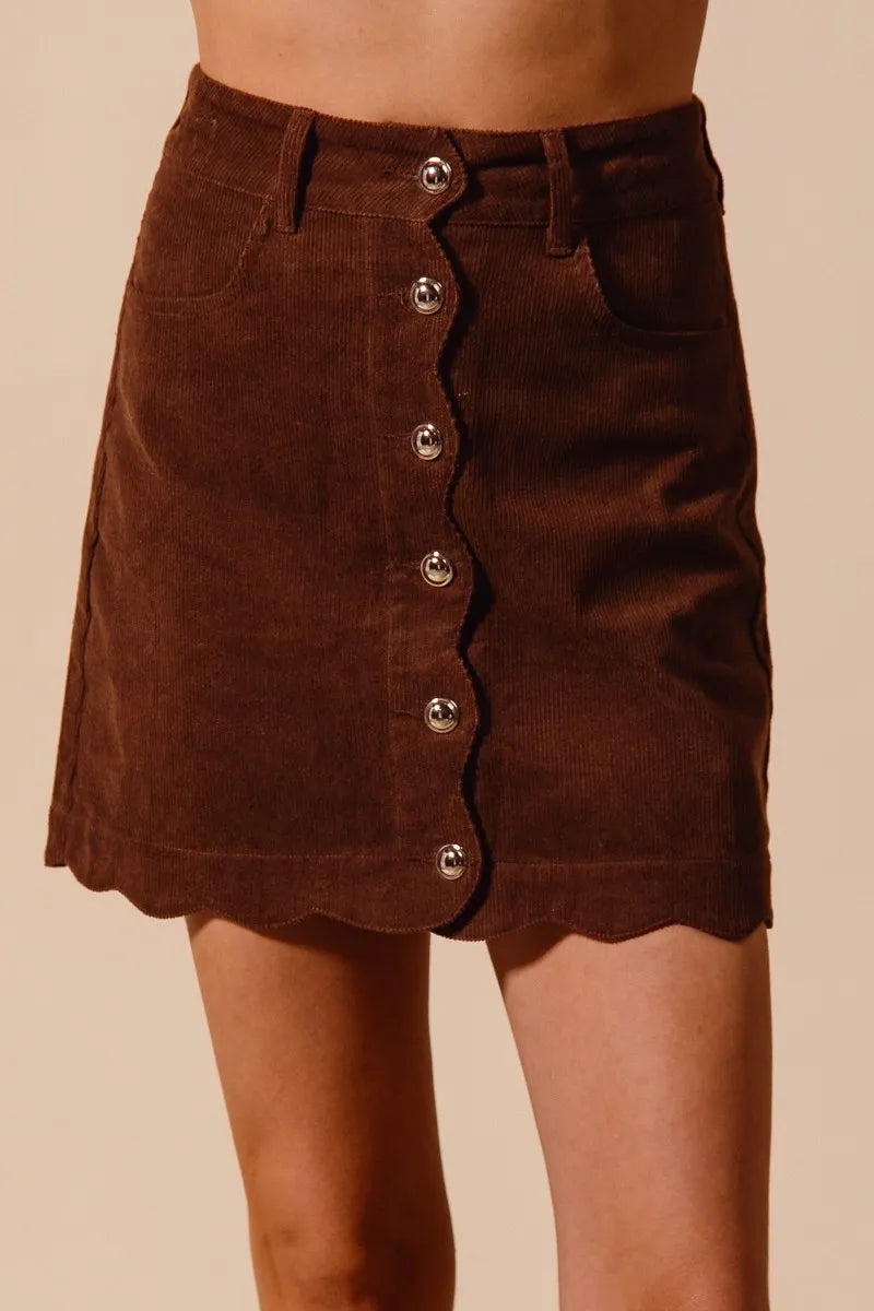 Mocha So Me Scallop Buttoned Front Corduroy Mini Skirt 2