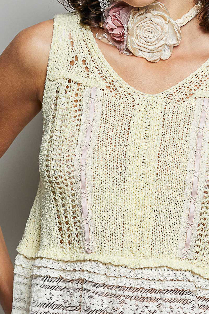 Pol V Neck Crochet Sweater Vest With Lace Trim