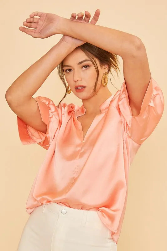 Peach Annie Wear Satin V Neck Open Short Sleeve Woven Blouse Top