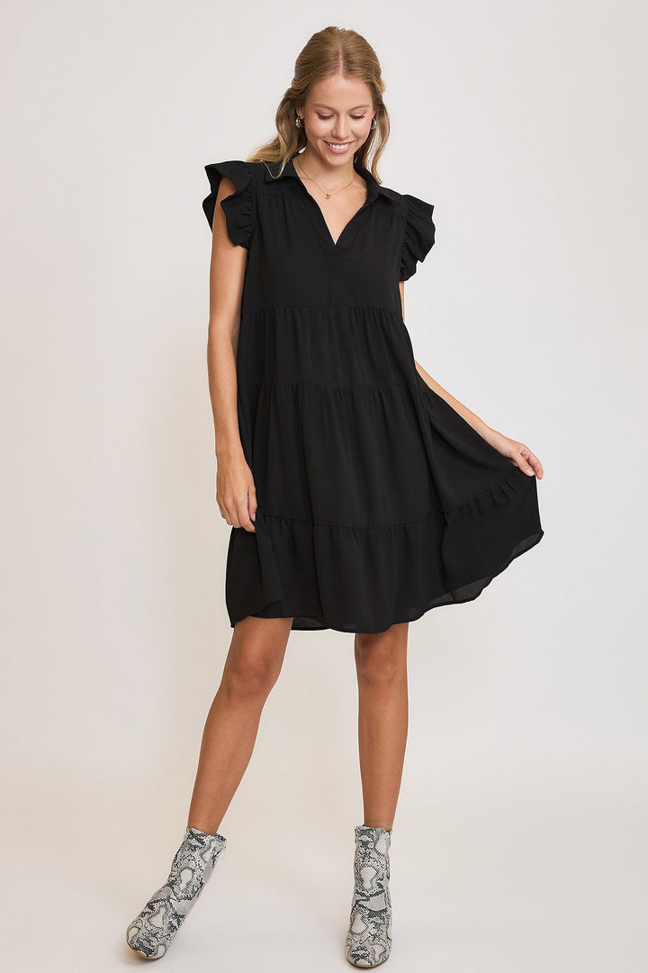 Black Umgee Full Size Johnny Collar Ruffle Cap Sleeve Tiered Dress Plus Size 1
