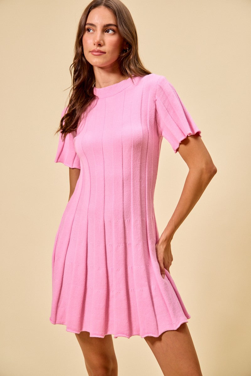Pink So Me Wide Rib Short Sleeves Sweater Knit Mini Dress