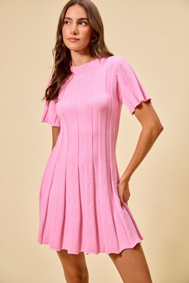 Pink So Me Wide Rib Short Sleeves Sweater Knit Mini Dress