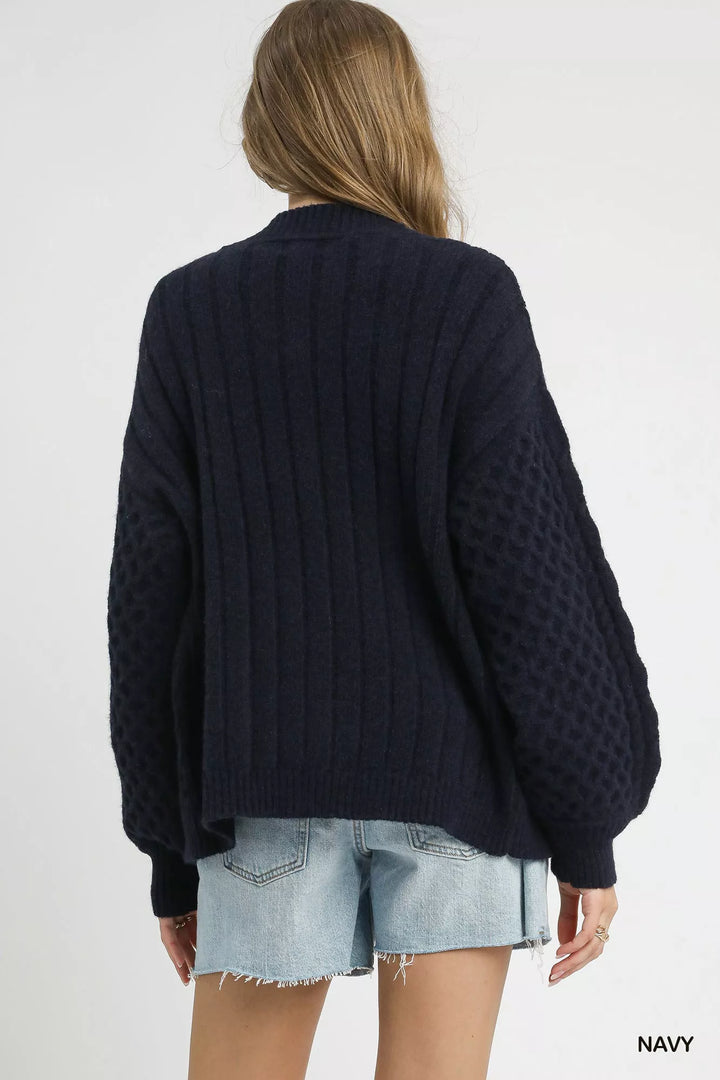 Navy Umgee Cable Knit Pearl Button Cardigan 1