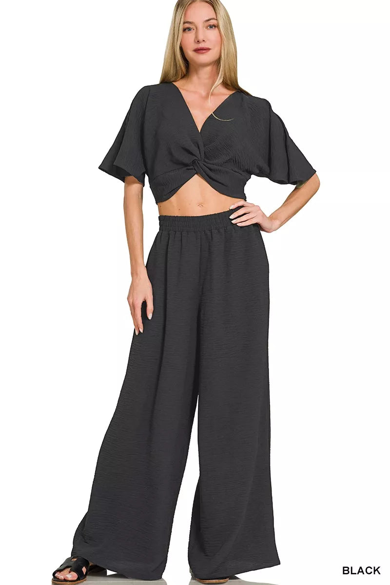 Black Zenana Woven Airflow Twisted Top Wide Leg Pants Set 4