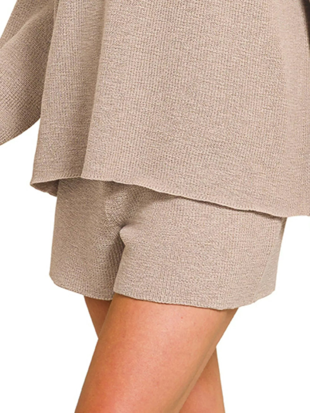 Ash Mocha Zenana Round Neck Knit Top And Shorts Sweater Set 3
