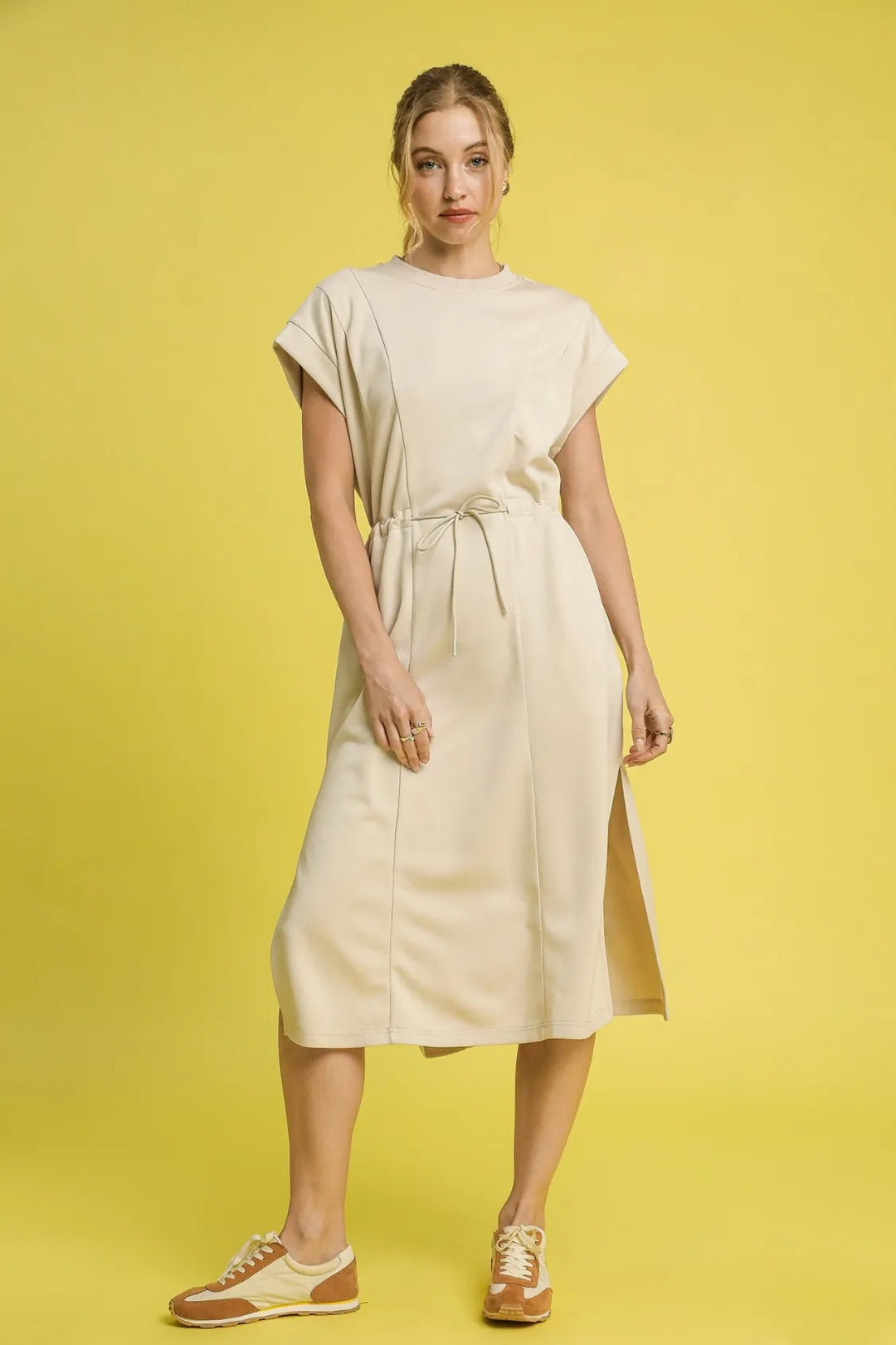 Ecru Umgee Side Slit Short Sleeve Midi Tee Dress 1