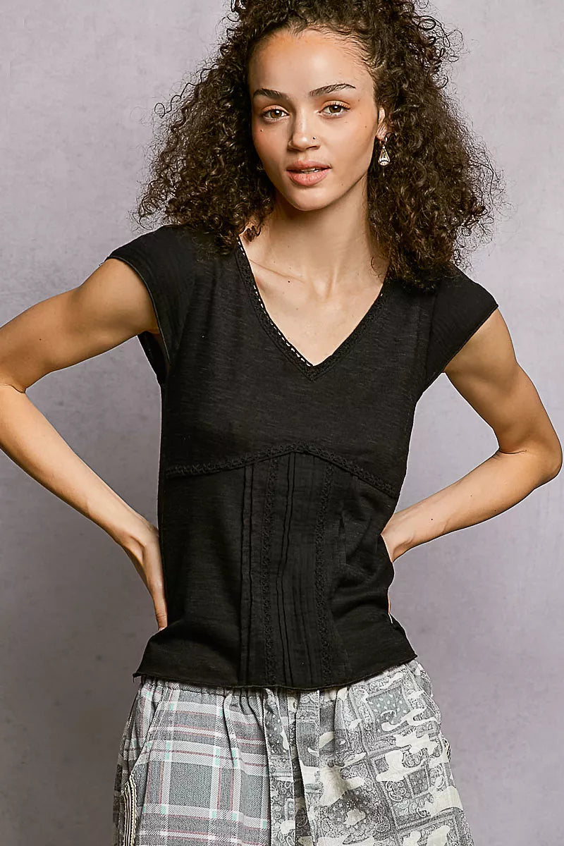 Black Pol V Neck Lightweight Textured Short Sleeve Knit Top With Lace Trim 2